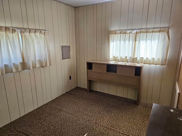 spare room featuring carpet floors and wooden walls