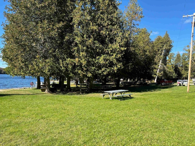 view of property's community with a lawn and a water view