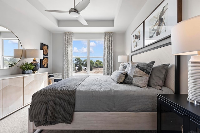 bedroom featuring multiple windows, ceiling fan, and a raised ceiling