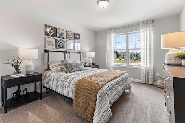 bedroom with dark colored carpet