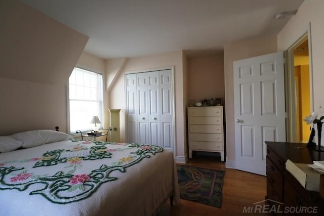 bedroom with a closet and hardwood / wood-style flooring