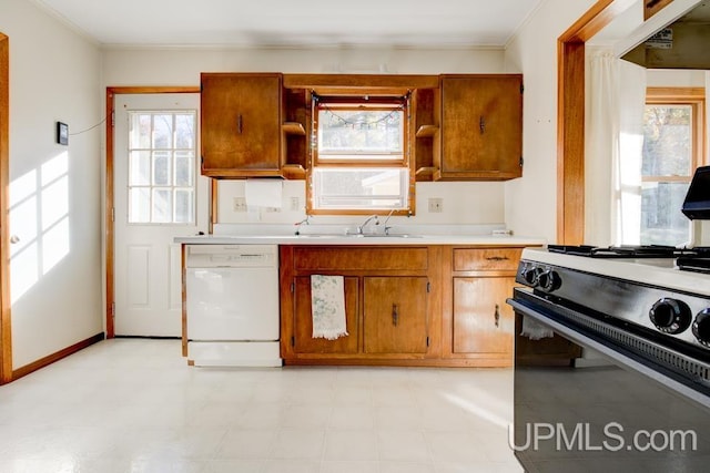 kitchen featuring dishwasher, range with gas cooktop, crown molding, and plenty of natural light