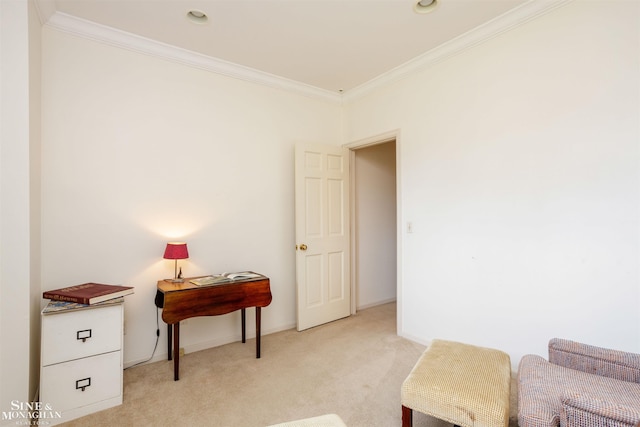 living area featuring light carpet and crown molding