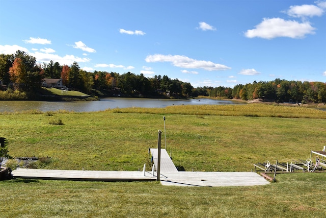 view of yard with a water view and a boat dock