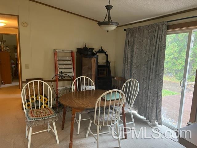 dining area featuring a textured ceiling and carpet