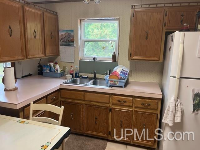 kitchen with white refrigerator and sink