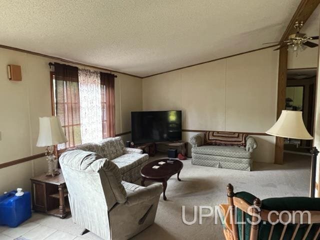 living room featuring ceiling fan and a textured ceiling