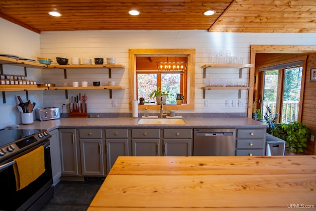 kitchen with gray cabinets, wood ceiling, wood counters, black electric range, and stainless steel dishwasher