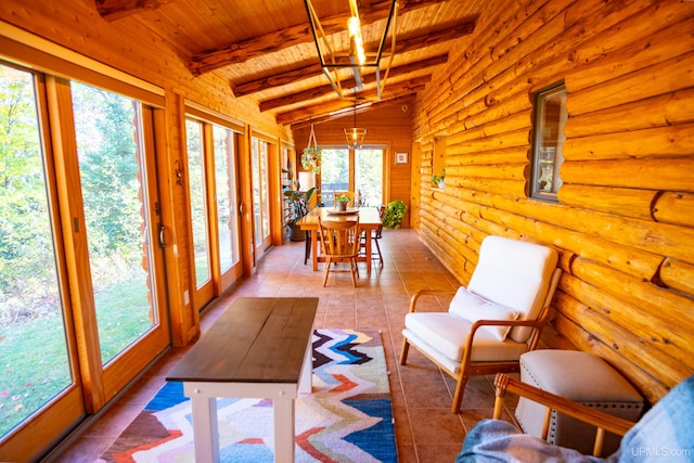 sunroom with lofted ceiling with beams and wooden ceiling