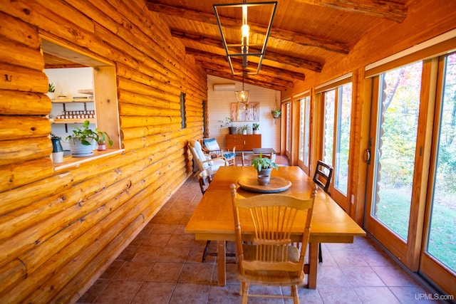 tiled dining space with a healthy amount of sunlight, vaulted ceiling with beams, wooden ceiling, and rustic walls