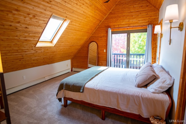 carpeted bedroom with vaulted ceiling with skylight, a baseboard radiator, wood ceiling, and access to exterior