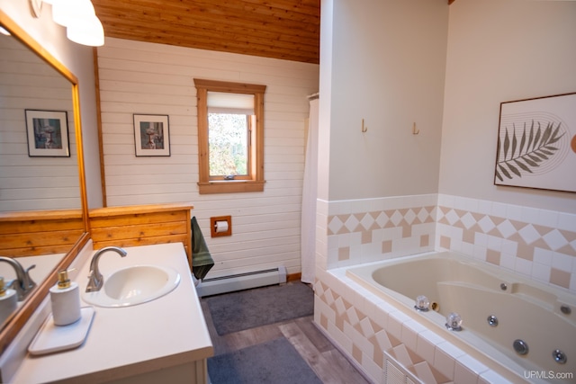 bathroom with hardwood / wood-style floors, a baseboard radiator, vanity, and wood ceiling