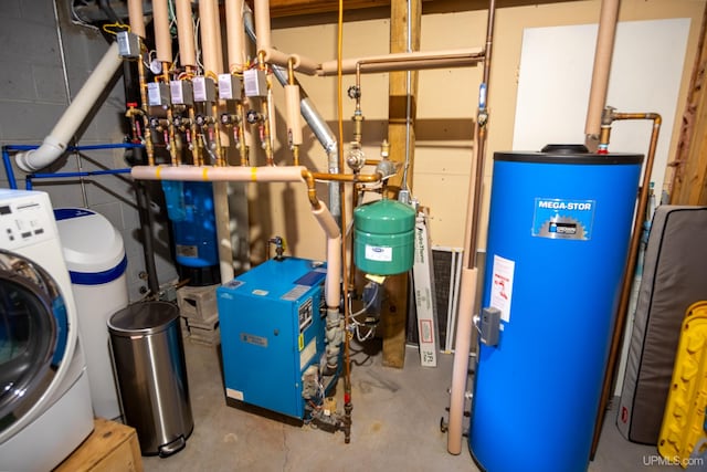 utility room with gas water heater and washer / dryer