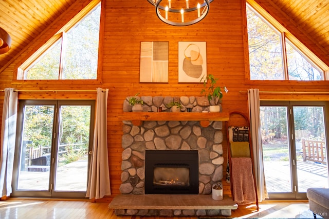 living room with wooden ceiling, hardwood / wood-style floors, wooden walls, a fireplace, and high vaulted ceiling