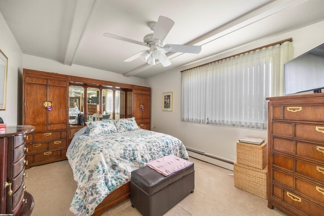 bedroom with beam ceiling, a baseboard heating unit, light carpet, and ceiling fan