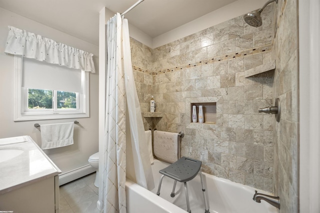 full bathroom featuring shower / bathtub combination with curtain, toilet, vanity, baseboard heating, and tile patterned floors