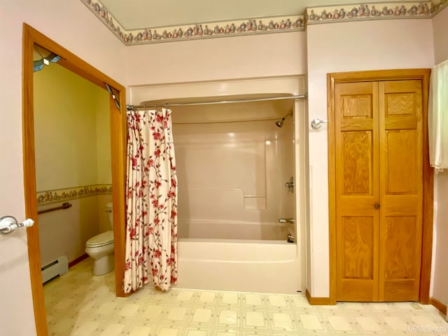 bathroom featuring baseboard heating, shower / bath combination with curtain, and toilet