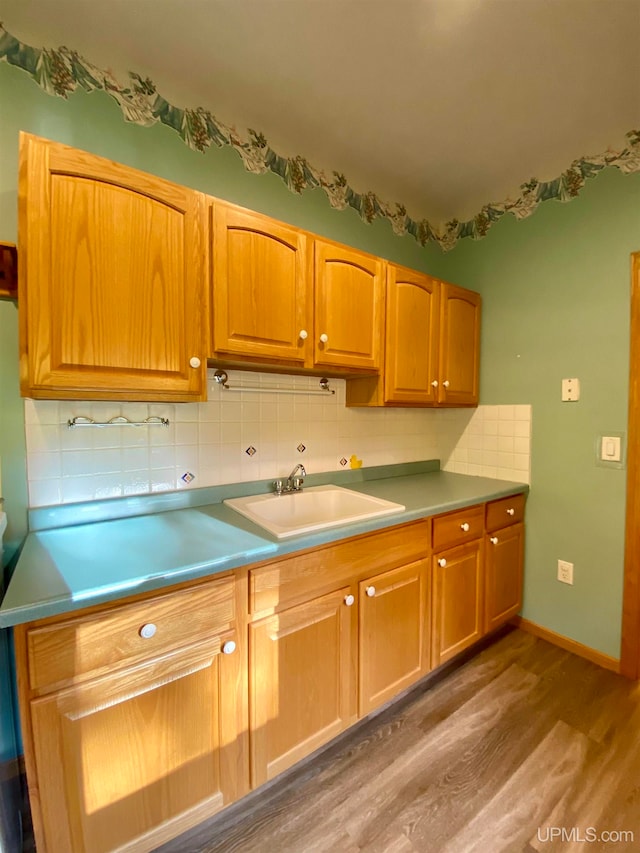 kitchen featuring hardwood / wood-style flooring, decorative backsplash, and sink