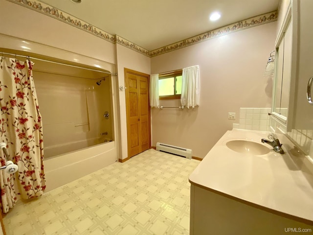 bathroom with baseboard heating, tile patterned floors, vanity, shower / bathtub combination with curtain, and recessed lighting