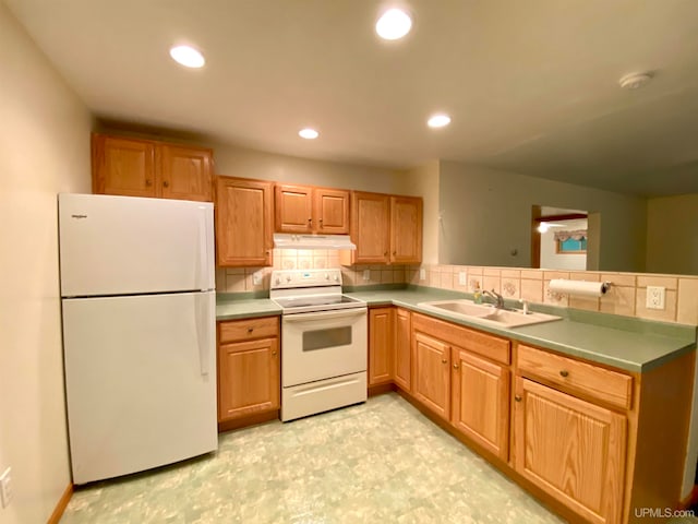 kitchen featuring sink, white appliances, and tasteful backsplash