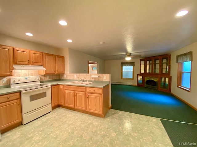 kitchen featuring decorative backsplash, a baseboard heating unit, ceiling fan, white range with electric stovetop, and sink