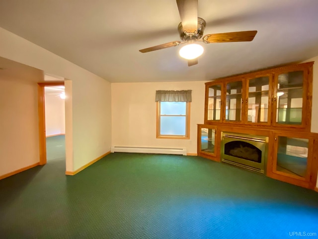 unfurnished living room with ceiling fan, a baseboard radiator, and dark carpet