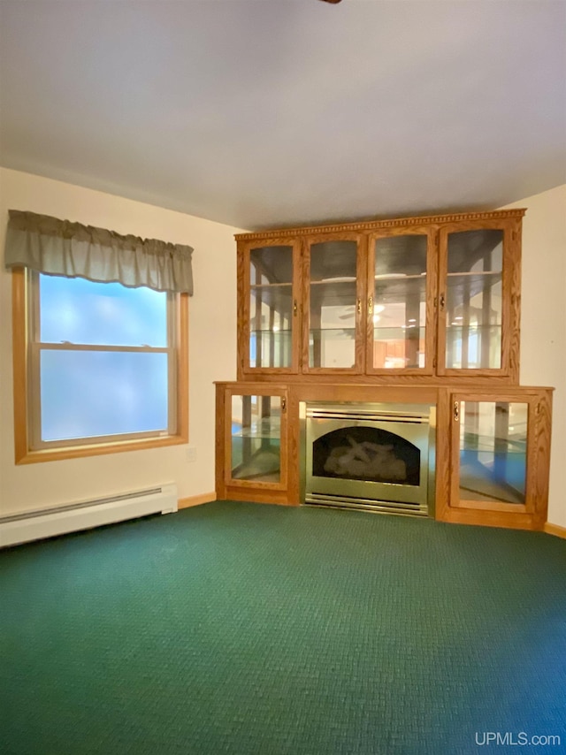 unfurnished living room with baseboards, carpet, and baseboard heating