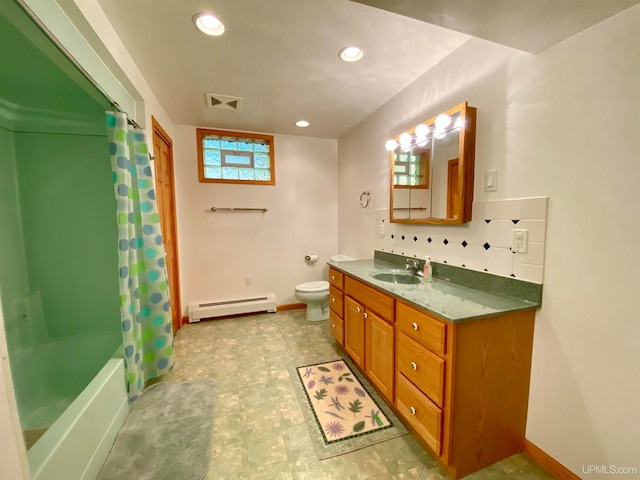 full bathroom with toilet, shower / tub combo with curtain, vanity, and a baseboard radiator