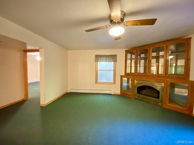 unfurnished living room with baseboards, a ceiling fan, dark carpet, a fireplace, and a baseboard radiator