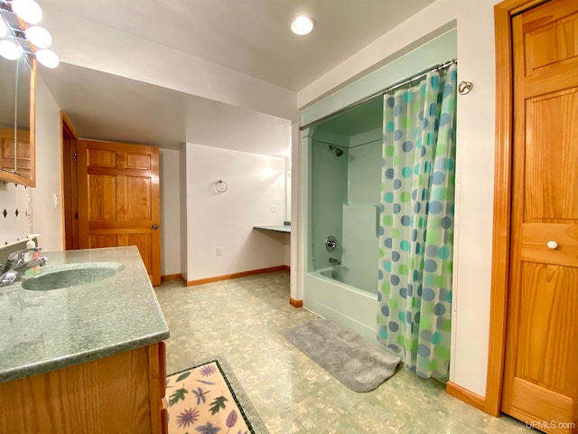 bathroom with vanity and shower / bathtub combination with curtain