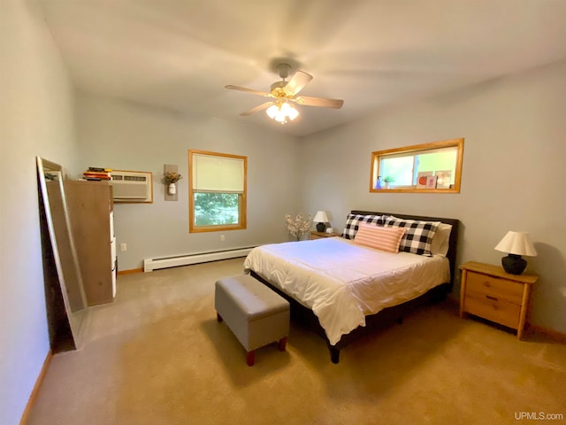 carpeted bedroom with ceiling fan, multiple windows, a wall mounted AC, and a baseboard radiator