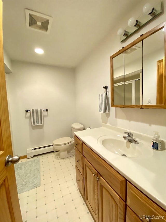 full bath featuring a baseboard radiator, tile patterned floors, vanity, toilet, and visible vents