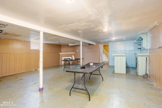 basement with wood walls