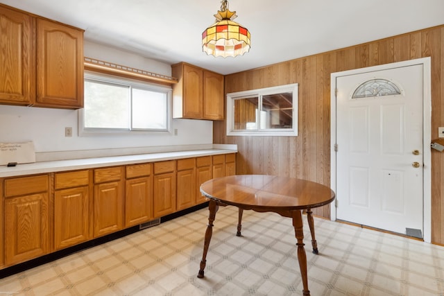 kitchen with wooden walls and pendant lighting