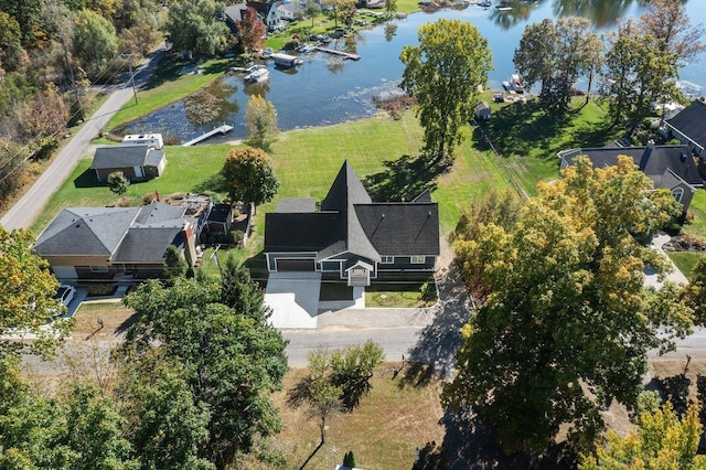 aerial view featuring a water view