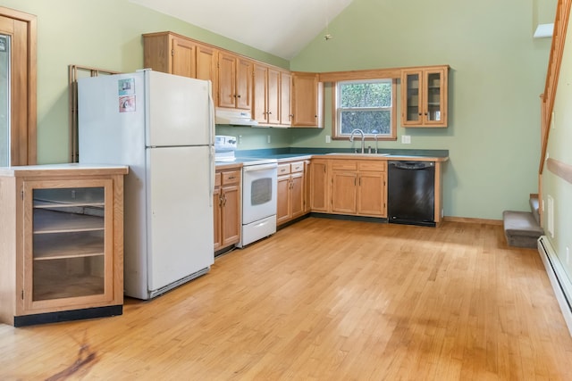 kitchen with white appliances, light hardwood / wood-style flooring, vaulted ceiling, and sink