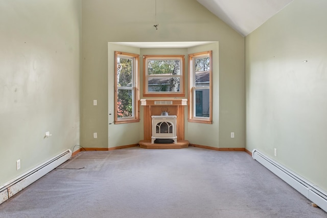 unfurnished living room with baseboard heating, lofted ceiling, and carpet flooring