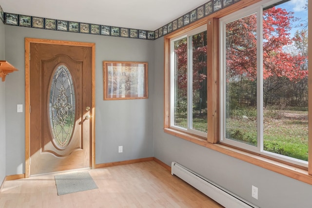 foyer featuring light hardwood / wood-style floors and a baseboard radiator