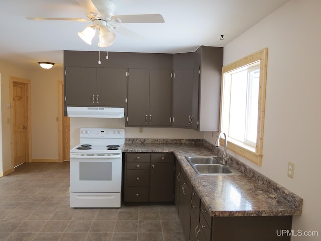 kitchen with sink, ceiling fan, and white electric stove