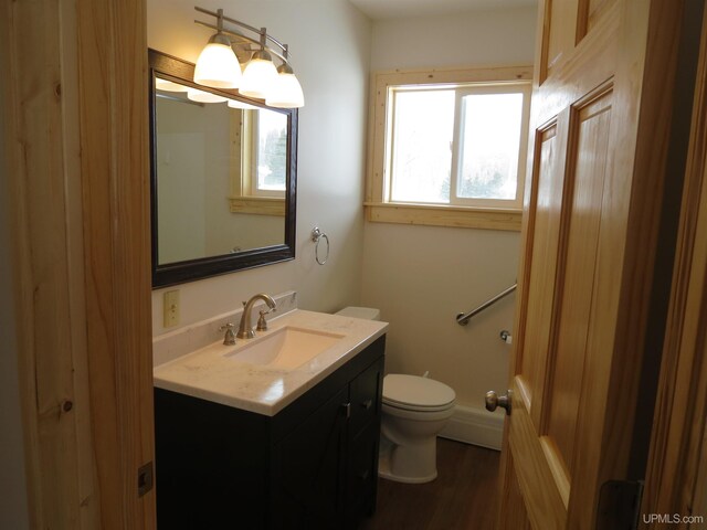 bathroom with toilet, hardwood / wood-style flooring, and vanity