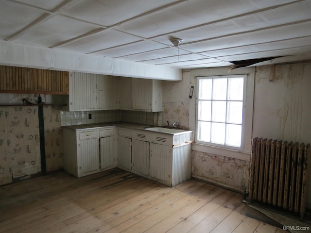 kitchen with sink, radiator, and light wood-type flooring