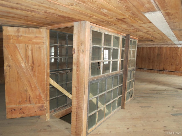 interior space with wooden walls and wooden ceiling