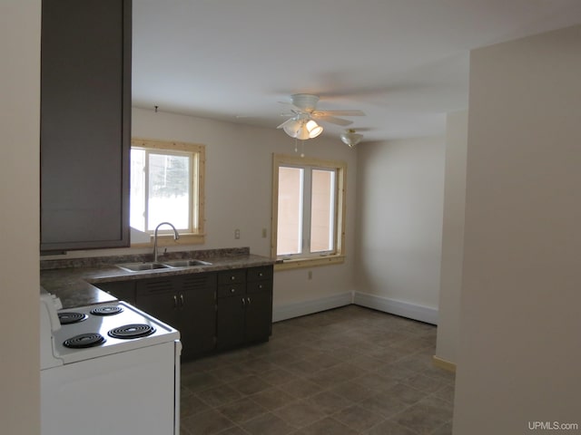 kitchen featuring electric stove, sink, and ceiling fan