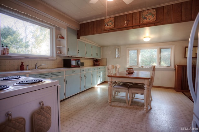 kitchen with crown molding, sink, plenty of natural light, and ceiling fan