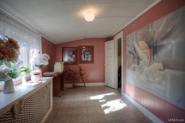 hallway featuring lofted ceiling