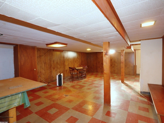 basement with wooden walls