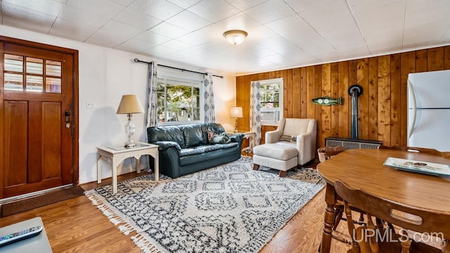 living room with wooden walls and hardwood / wood-style floors