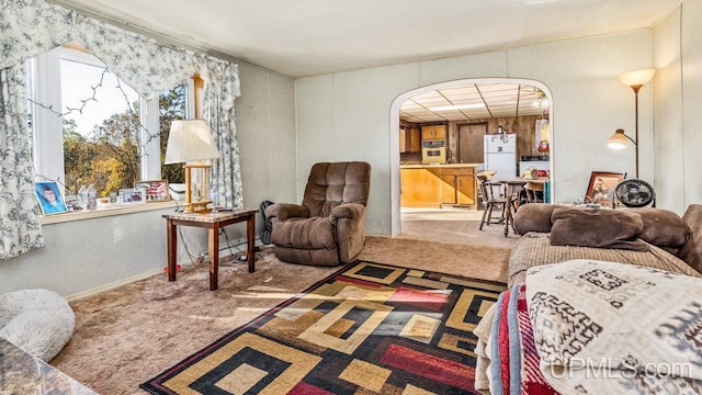 carpeted living room with arched walkways