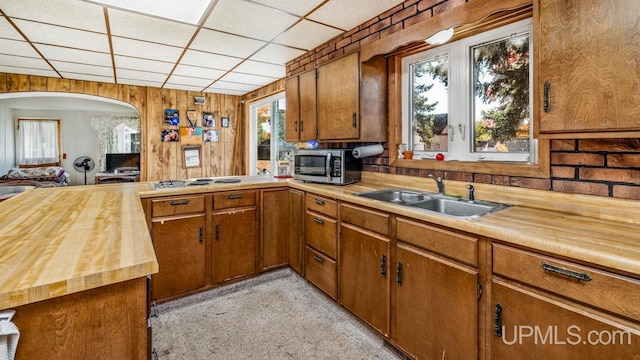 kitchen with sink, a drop ceiling, wood counters, light carpet, and wooden walls