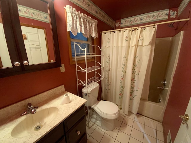 full bathroom with vanity, toilet, shower / bathtub combination with curtain, and tile patterned flooring